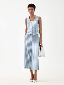 SHEIN BIZwear Striped Print Vest Blazer & Wide Leg Pants - Blue and White - View 6