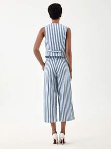 SHEIN BIZwear Striped Print Vest Blazer & Wide Leg Pants - Blue and White - View 2