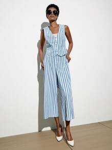 SHEIN BIZwear Striped Print Vest Blazer & Wide Leg Pants - Blue and White - View 3