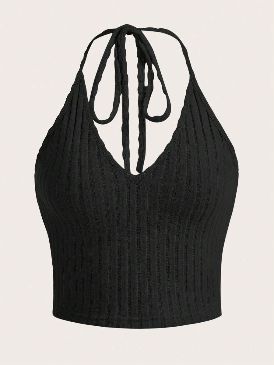 SHEIN EZwear Solid Tie Back Halter Top - Black - View 1