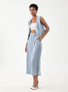 SHEIN BIZwear Striped Print Vest Blazer & Wide Leg Pants - Blue and White - View 4