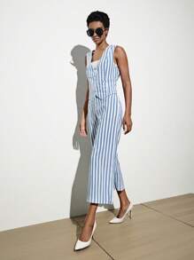 SHEIN BIZwear Striped Print Vest Blazer & Wide Leg Pants - Blue and White - View 1