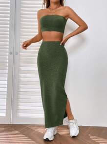 SHEIN EZwear 素色抹胸上衣&開衩短裙 - 軍綠色 - 查看 1