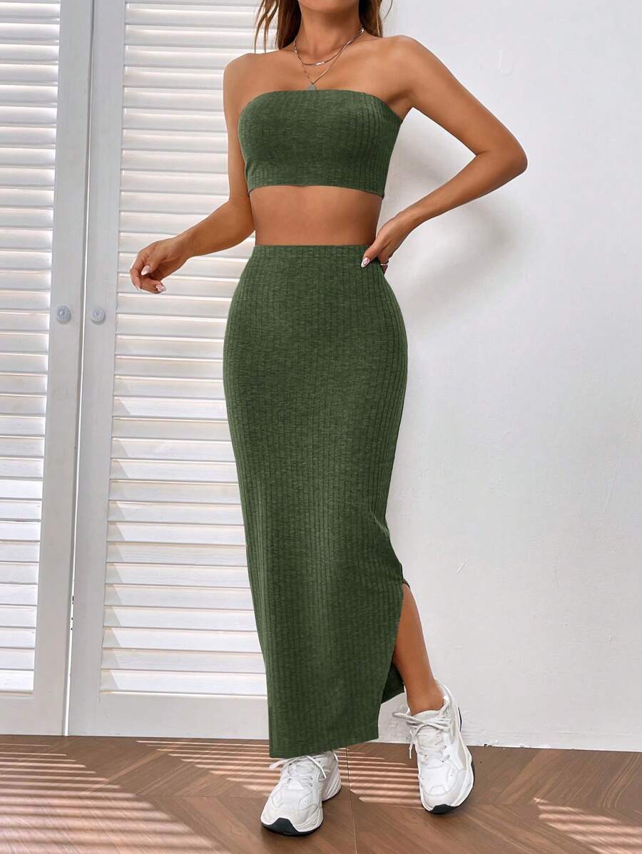 SHEIN EZwear 素色抹胸上衣&開衩短裙 - 軍綠色 - 查看 1