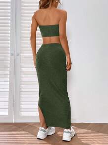 SHEIN EZwear 素色抹胸上衣&開衩短裙 - 軍綠色 - 查看 2