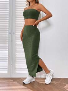 SHEIN EZwear 素色抹胸上衣&開衩短裙 - 軍綠色 - 查看 3