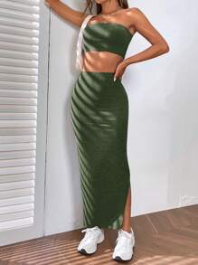 SHEIN EZwear 素色抹胸上衣&開衩短裙 - 軍綠色 - 查看 5