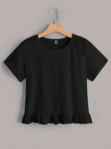 SHEIN Qutie Chất rắn Xù Hoa Sen Áo thun - màu đen - Xem 1