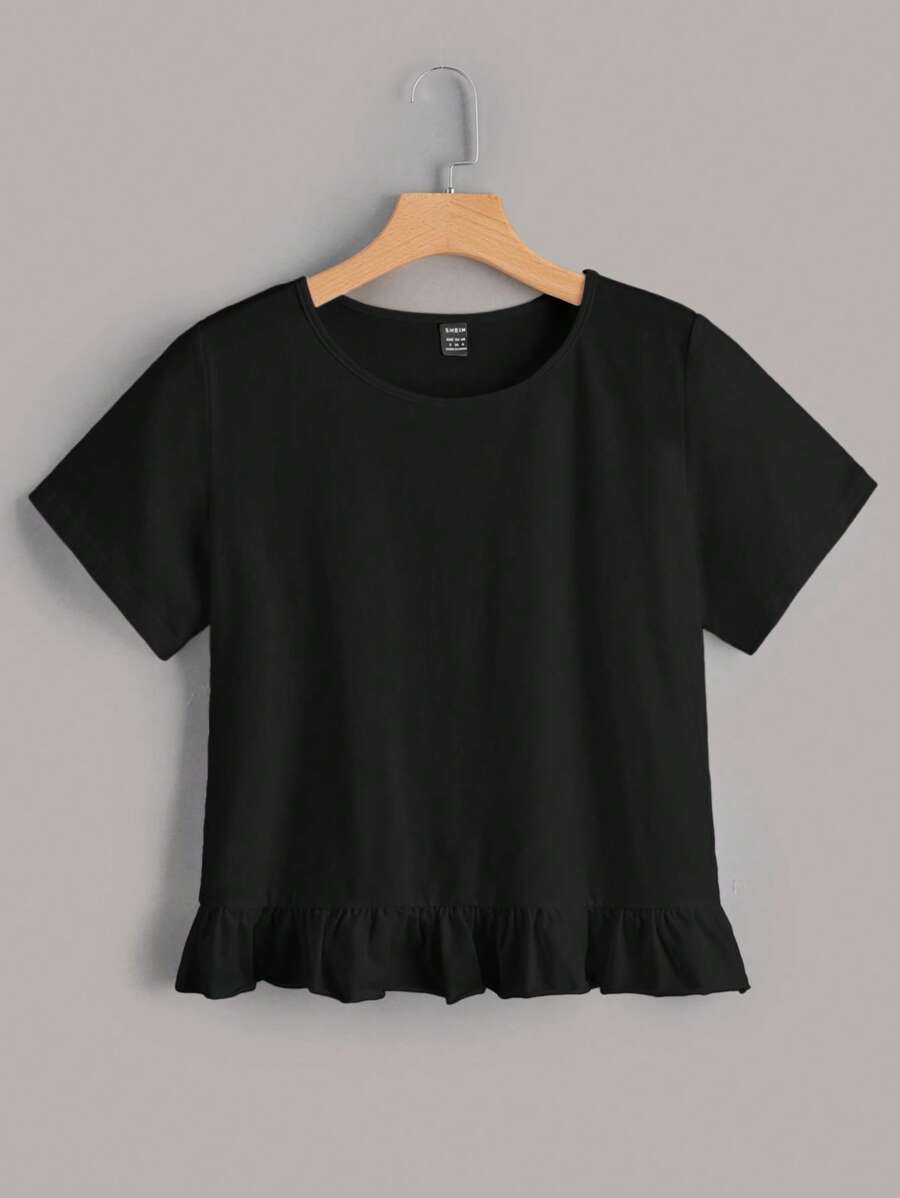 SHEIN Qutie Chất rắn Xù Hoa Sen Áo thun - màu đen - Xem 1