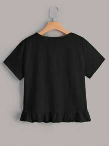 SHEIN Qutie Chất rắn Xù Hoa Sen Áo thun - màu đen - Xem 2