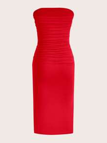 SHEIN EZwear Summer Red Solid Ruched Tube Slit Bodycon Dress Strapless Dress Dress Redred Midi Dresscurve Red Dress - Red - View 2