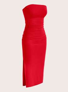 SHEIN EZwear Summer Red Solid Ruched Tube Slit Bodycon Dress Strapless Dress Dress Redred Midi Dresscurve Red Dress - Red - View 3
