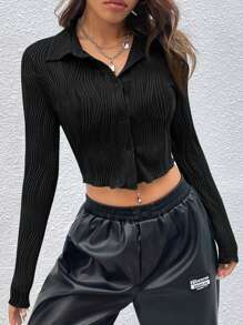 SHEIN EZwear 木耳邊前紐扣短款T恤 - 黑色 - 查看 6