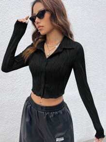 SHEIN EZwear 木耳邊前紐扣短款T恤 - 黑色 - 查看 7