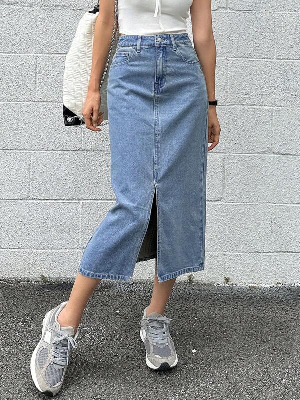 DAZY Solid Split Thigh Denim Skirt
