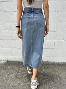 DAZY Solid Split Thigh Denim Skirt Jeans Skirt