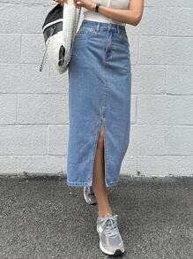 DAZY Solid Split Thigh Denim Skirt Jeans Skirt