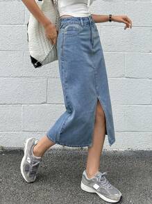DAZY Solid Split Thigh Denim Skirt Jeans Skirt