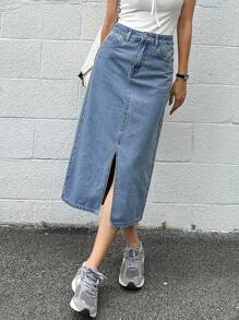 DAZY Solid Split Thigh Denim Skirt Jeans Skirt