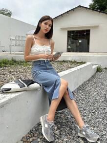DAZY Solid Split Thigh Denim Skirt Jeans Skirt