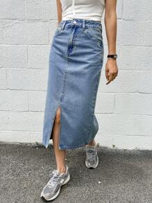 DAZY Solid Split Thigh Denim Skirt Jeans Skirt
