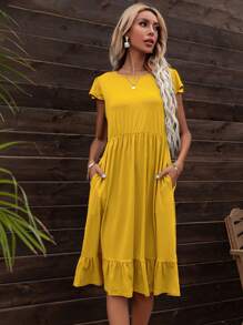 Solid Ruffle Hem Dress - Yellow - View 1