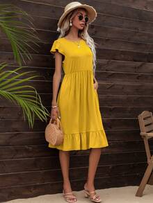 Solid Ruffle Hem Dress - Yellow - View 3