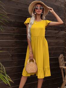 Solid Ruffle Hem Dress - Yellow - View 4