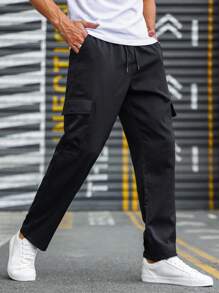 Manfinity Homme Men Flap Pocket Drawstring Waist Cargo Trousers - Black - View 2