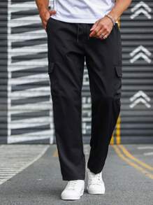 Manfinity Homme Men Flap Pocket Drawstring Waist Cargo Trousers - Black - View 3
