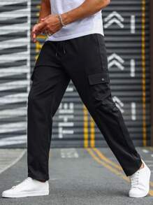 Manfinity Homme Men Flap Pocket Drawstring Waist Cargo Trousers - Black - View 4