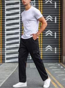 Manfinity Homme Men Flap Pocket Drawstring Waist Cargo Trousers - Black - View 8