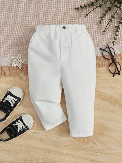 SHEIN Baby Boy Plain Elastic Waistband Pants, Comfortable And Cute, Suitable For Summer