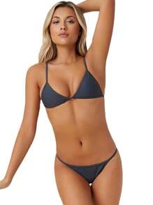 Solid Triangle Thong Bikini Set For Summer Beach - Dark Grey - View 5