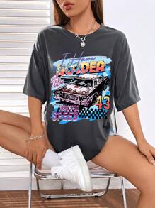 INAWLY Car & Letter Graphic Drop Shoulder Tee - Dark Grey - View 1