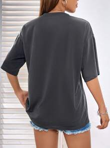 INAWLY Car & Letter Graphic Drop Shoulder Tee - Dark Grey - View 2