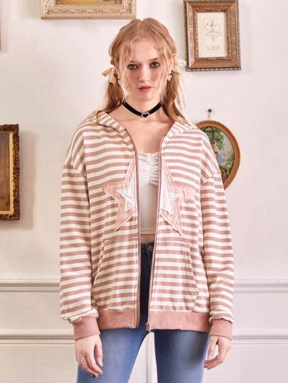Sweat-Shirt À Capuche Zippé À Rayures Étoile Patch Épaule tombante