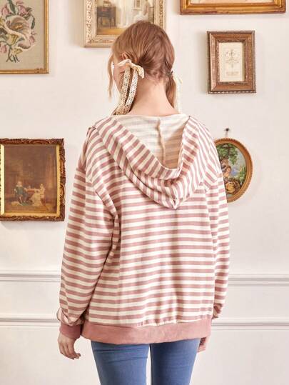 Sweat-Shirt À Capuche Zippé À Rayures Étoile Patch Épaule tombante