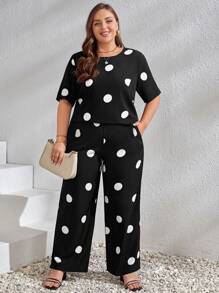 EMERY ROSE Plus Polka Dot Print Tee & Wide Leg Trousers - Black and White - View 1