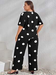 EMERY ROSE Plus Polka Dot Print Tee & Wide Leg Trousers - Black and White - View 2
