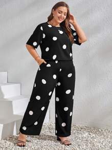 EMERY ROSE Plus Polka Dot Print Tee & Wide Leg Trousers - Black and White - View 3