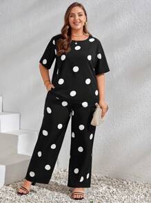 EMERY ROSE Plus Polka Dot Print Tee & Wide Leg Trousers - Black and White - View 4
