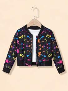 SHEIN Young Girl Splash Ink Print Bomber Jacket Without Tee - Black - View 1