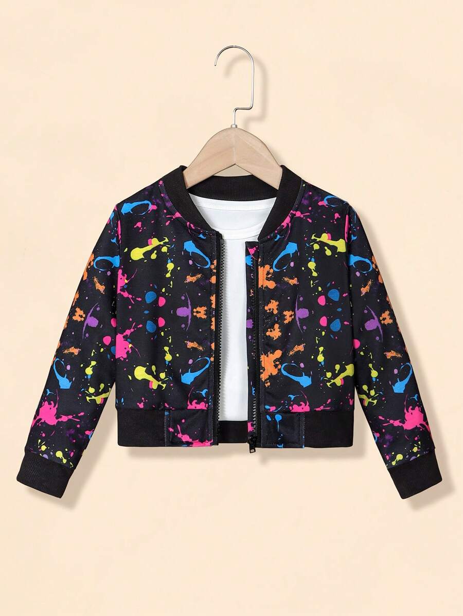 SHEIN Young Girl Splash Ink Print Bomber Jacket Without Tee - Black - View 1