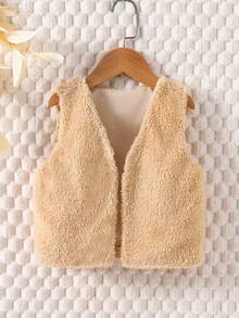 SHEIN 女小童開門襟絨毛夾克背心 - 杏色 - 查看 3