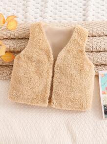 SHEIN 女小童開門襟絨毛夾克背心 - 杏色 - 查看 1