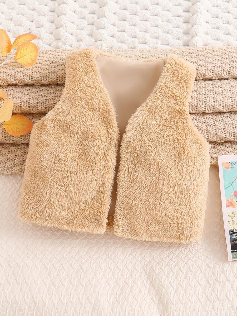 SHEIN 女小童開門襟絨毛夾克背心 - 杏色 - 查看 1