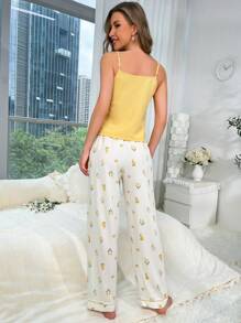 CottageSlumber Floral Print Contrast Piping PJ Set / Pajama Set Holiday Season Bountiful Floral Splendor Cozy And Elegant Details - Yellow - View 3