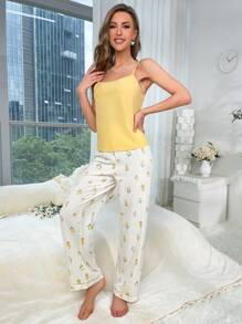 CottageSlumber Floral Print Contrast Piping PJ Set / Pajama Set Holiday Season Bountiful Floral Splendor Cozy And Elegant Details - Yellow - View 6