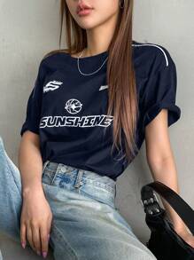 DAZY 字母圖案落肩T恤 - 藏蓝色 - 查看 3